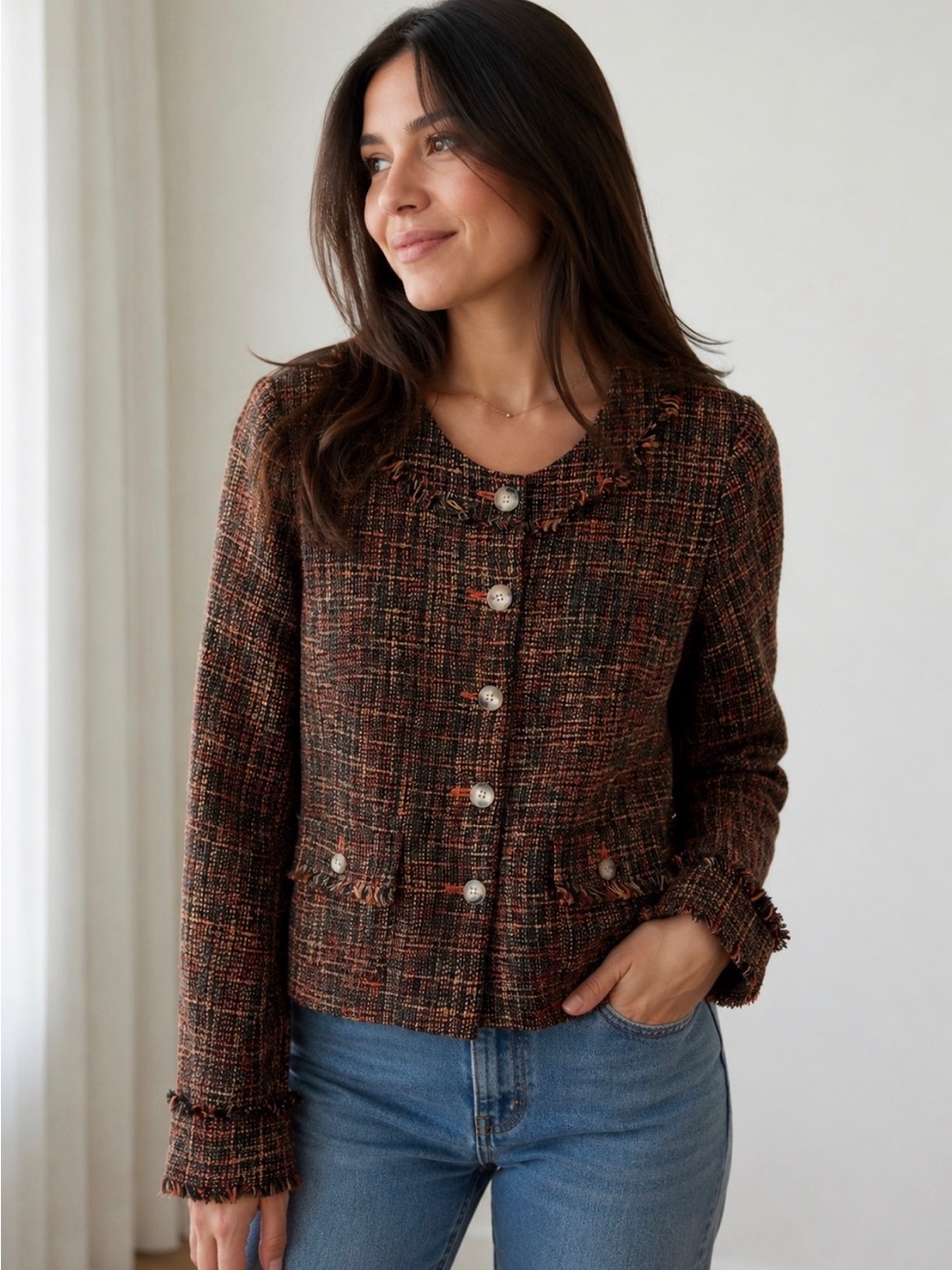 Sundance Brown Orange Tweed Blazer Jacket Pockets Size 4 Preppy Academia Career